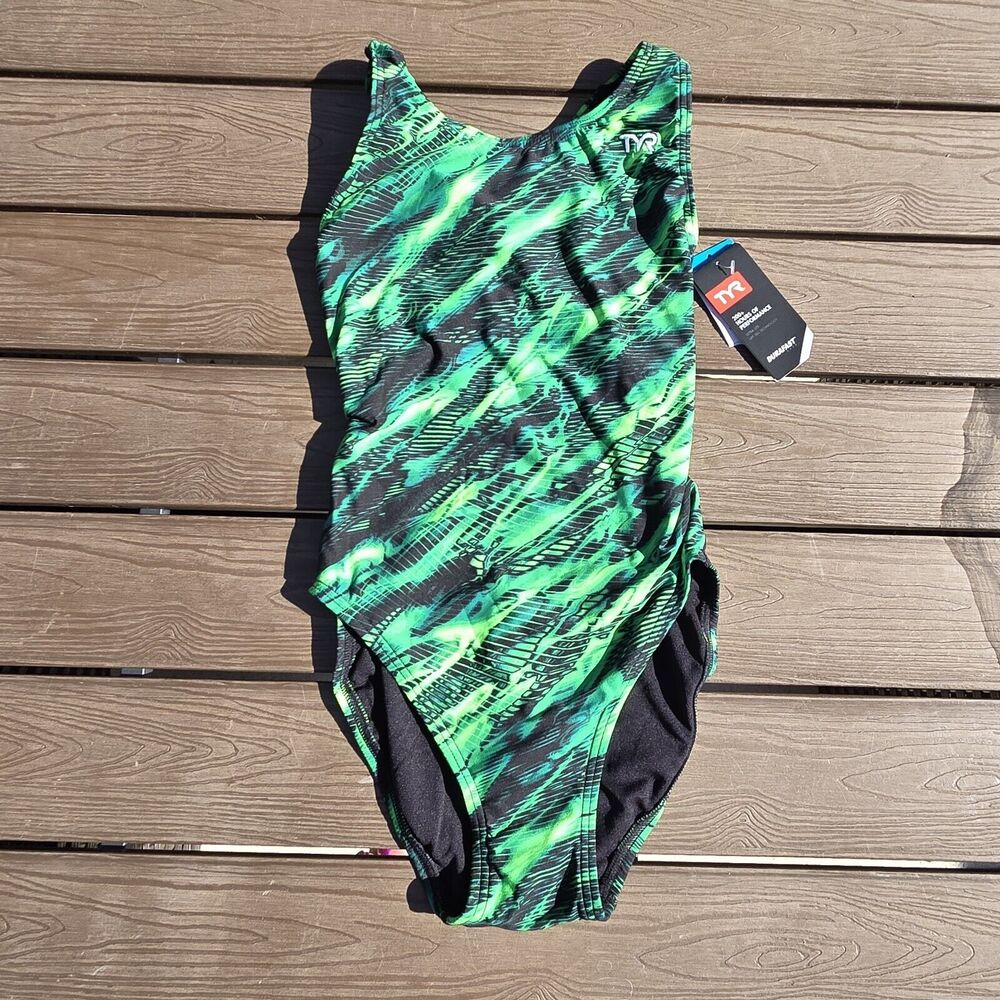TYR Durafast Maxfit Cadence 1pc Swimsuit - Green/black Youth Girls Size …